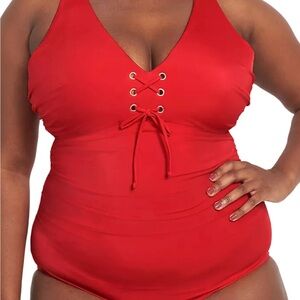 Cacique Red One Piece Swim Suit Size 12 grommet lace-up no wire